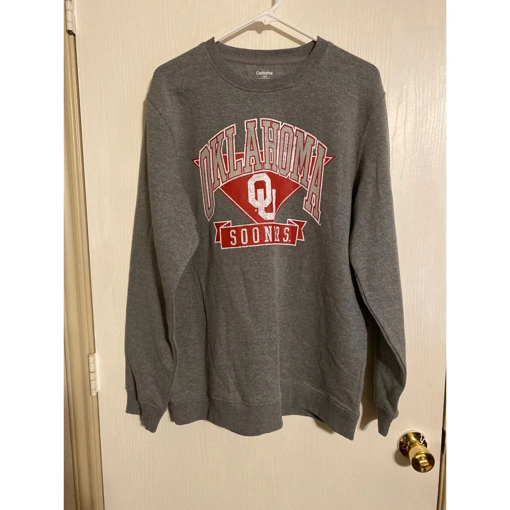 Captivating Oklahoma Sooners Sweatshirt Mens L Gray OU NCAA Crewneck Fleece 0454